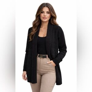 Rafaella Women's Black Knit Open Front Cardigan Sweater Cable-Knit Front Size XL